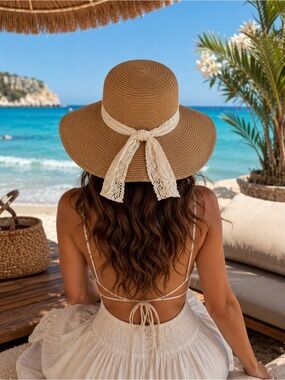 Boho Lace Straw Sun Hat Wide Brim Soft Flexible Beach Vacation